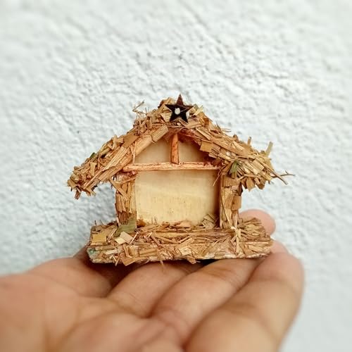 Handcrafted Miniature Christmas Stable – Wooden Nativity Barn with Thatched Roof | Rustic Holiday Decoration