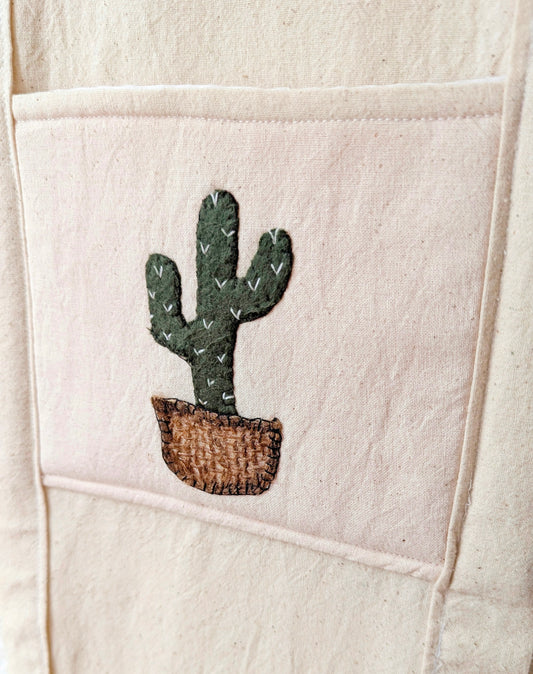 Botanical Mail Holder – Hand-Stitched Cactus Design, 3-Pocket Fabric Organizer