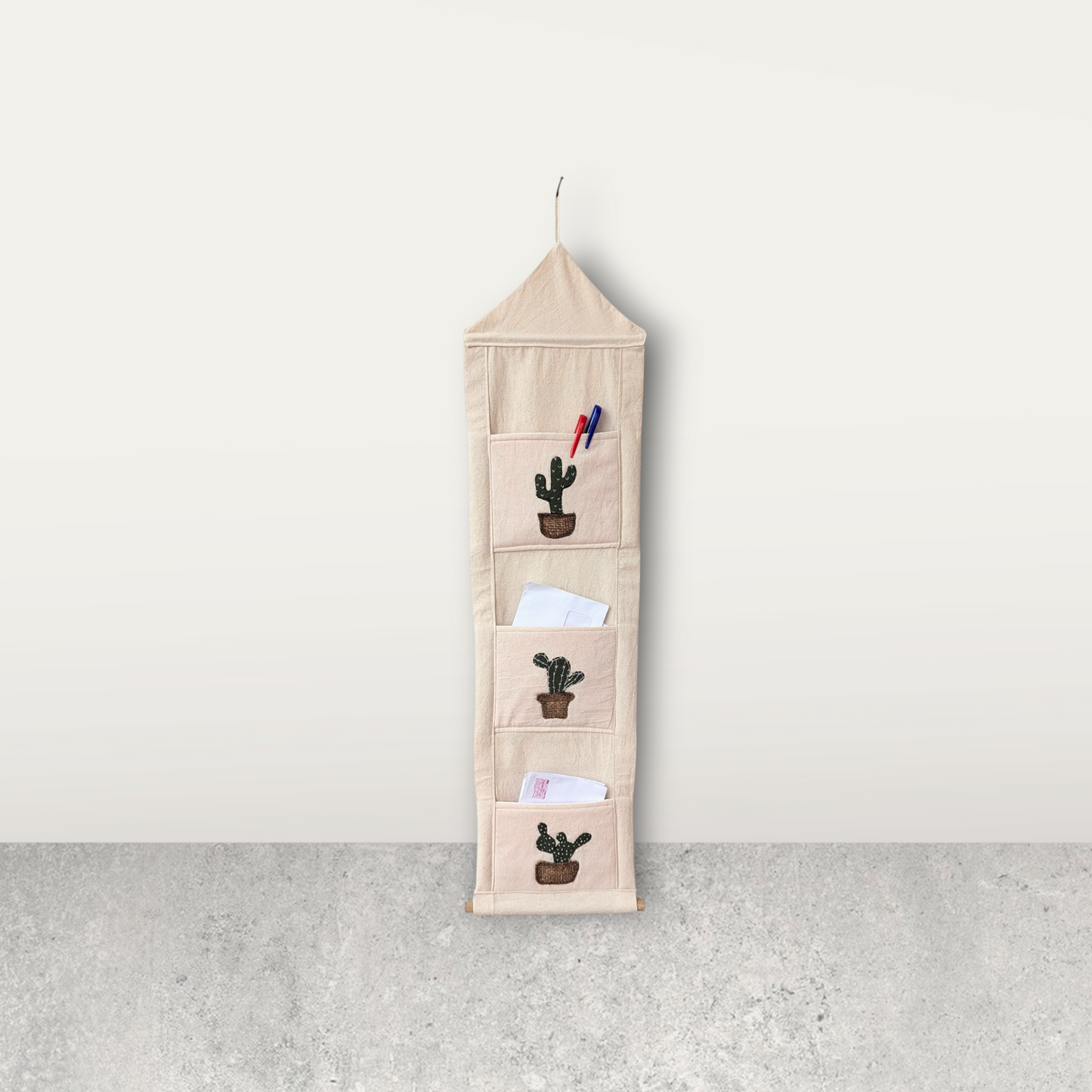 Botanical Mail Holder – Hand-Stitched Cactus Design, 3-Pocket Fabric Organizer