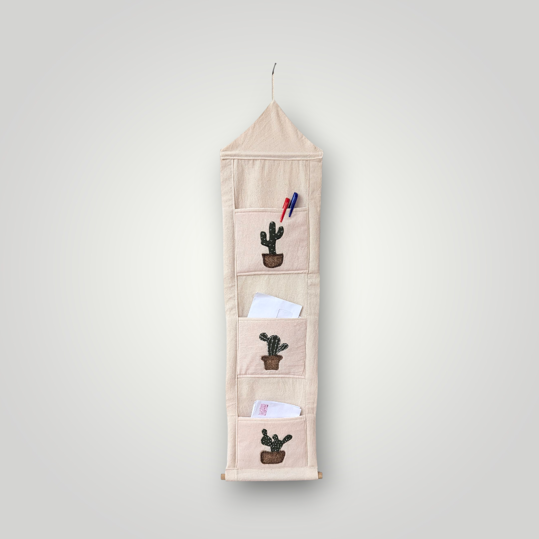 Botanical Mail Holder – Hand-Stitched Cactus Design, 3-Pocket Fabric Organizer