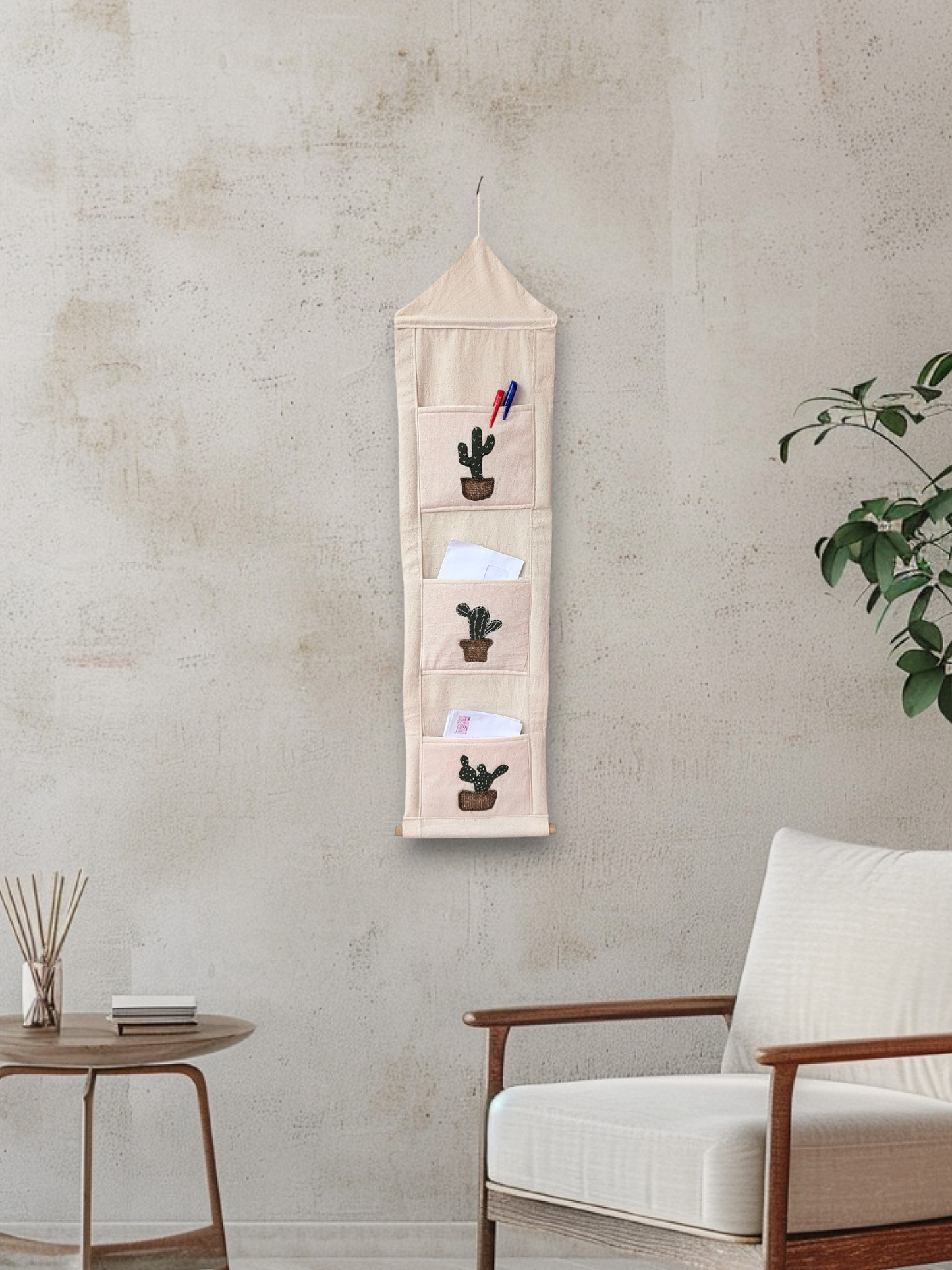 Botanical Mail Holder – Hand-Stitched Cactus Design, 3-Pocket Fabric Organizer