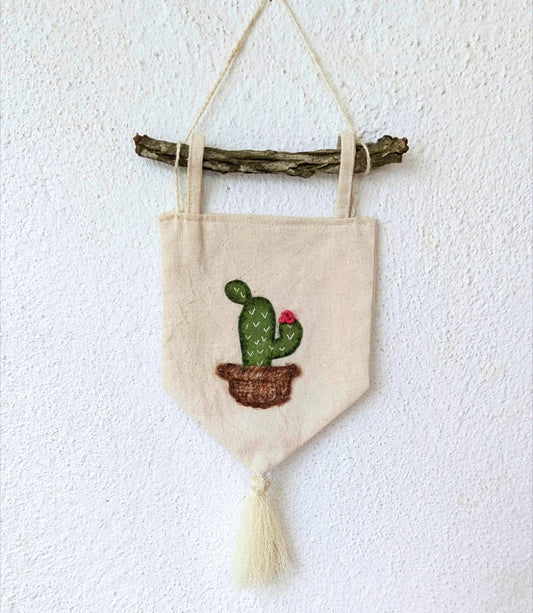 Boho Cactus Fabric Wall Hanging – Handmade Wall Art with Tassel for Living Room & Bedroom