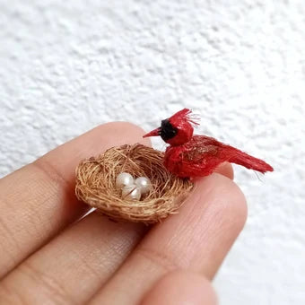 Mini Bird Nest with Cardinal & Eggs – Handmade Dollhouse & Fairy Garden Decor