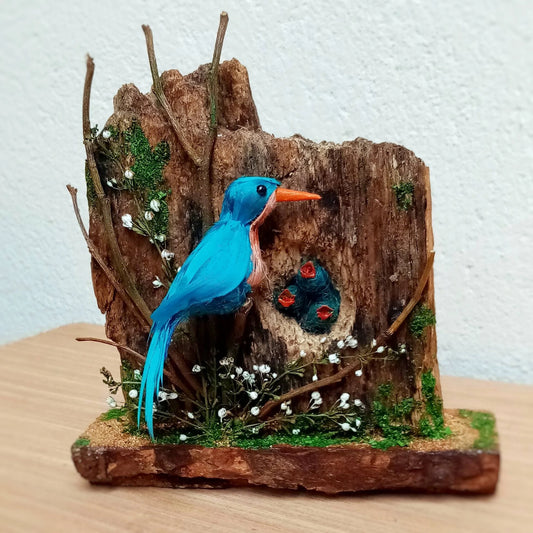 Miniature Bird Nest with Bluebird – Tree Branch Birdhouse | Handmade Dollhouse Nature Decor | Tiny Nest Accent