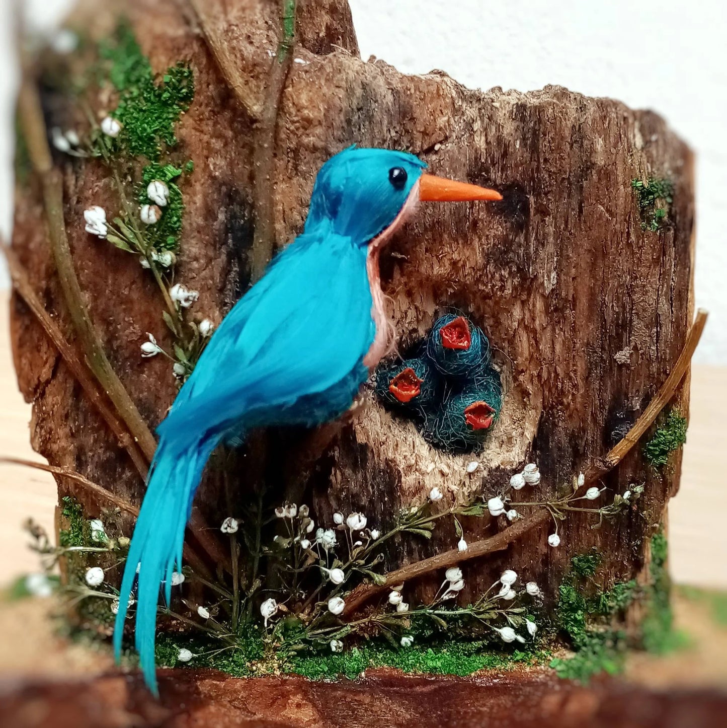 Miniature Bird Nest with Bluebird – Tree Branch Birdhouse | Handmade Dollhouse Nature Decor | Tiny Nest Accent