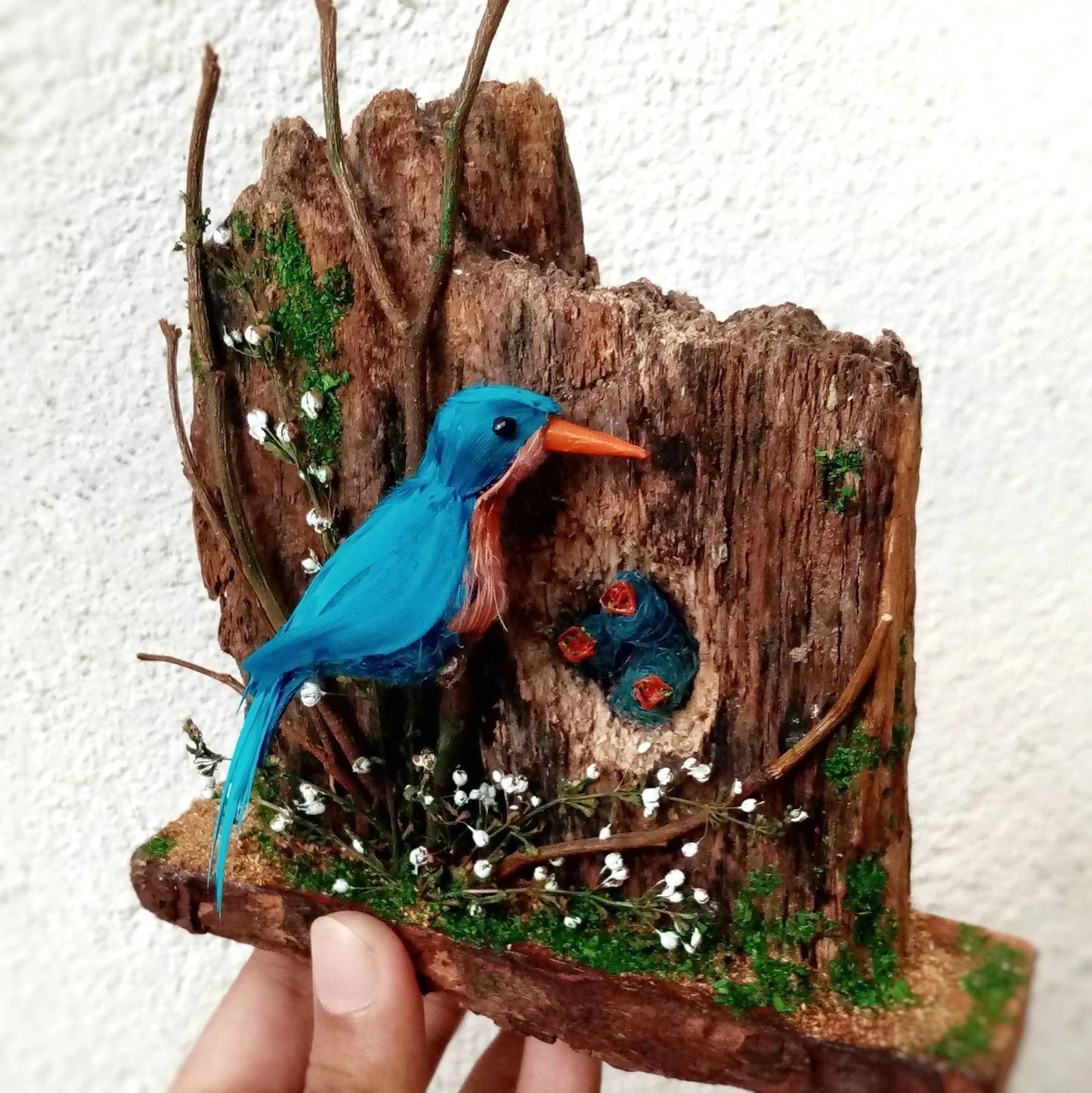 Miniature Bird Nest with Bluebird – Tree Branch Birdhouse | Handmade Dollhouse Nature Decor | Tiny Nest Accent